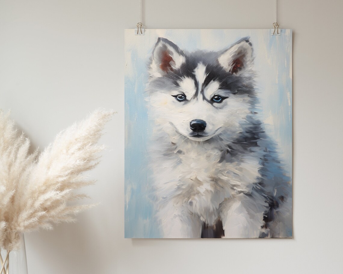 Siberian Husky Puppy Close-Up Portrait with Blue Eyes Oil Painting Poster - Image 2