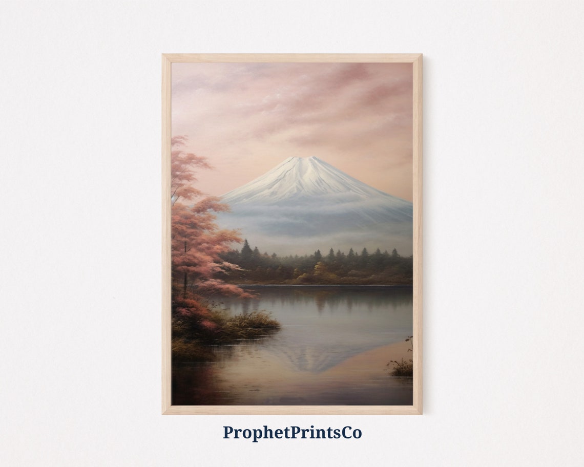 Mount Fuji Oil Painting Autumn Maple Lake Reflection Soft Sky Poster