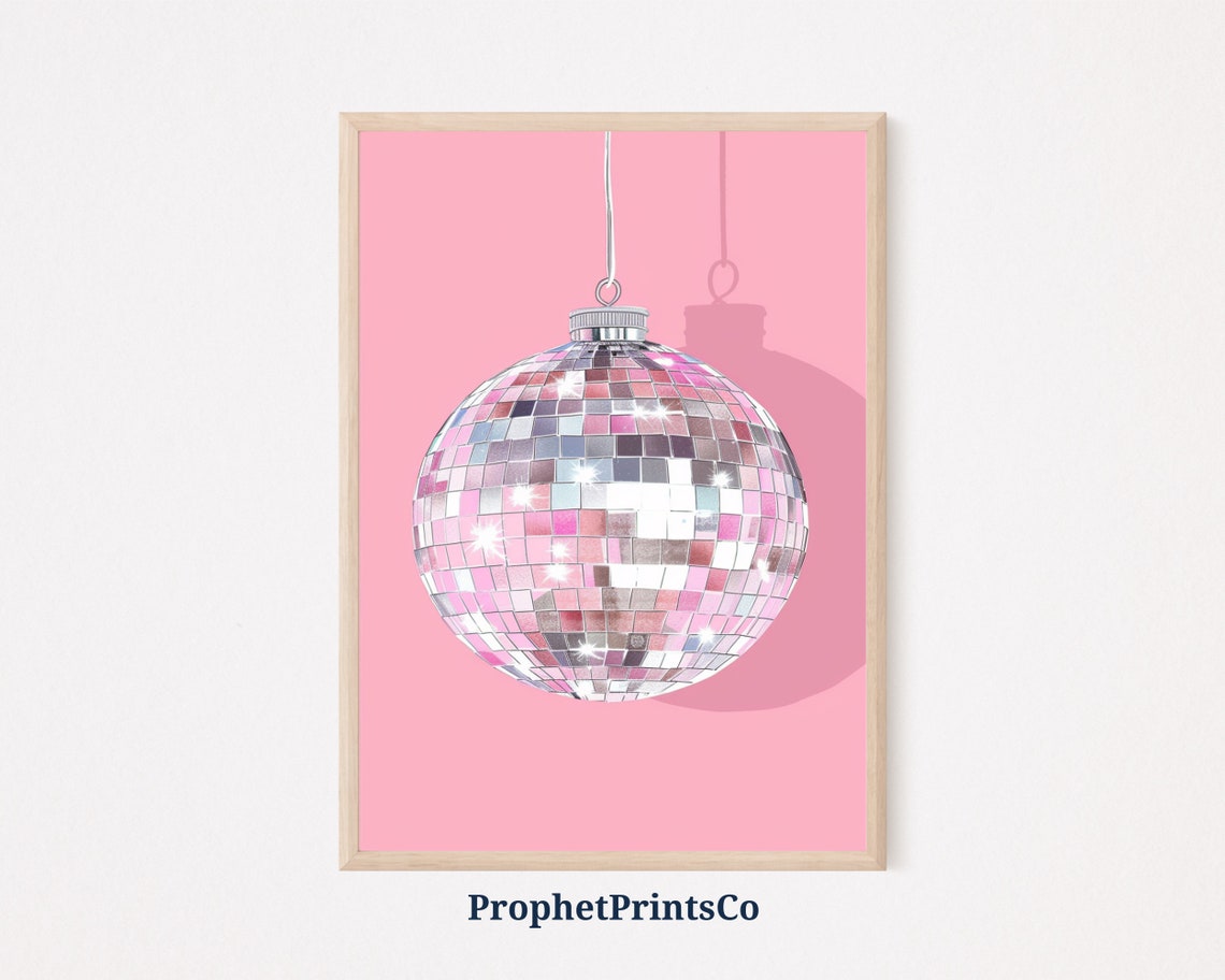 Hanging Disco Ball Shadow Illustration Pink Glam Party Decor Poster