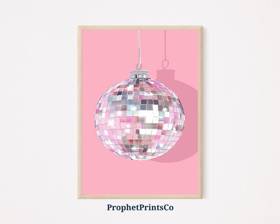 Hanging Disco Ball Shadow Illustration Pink Glam Party Decor Poster