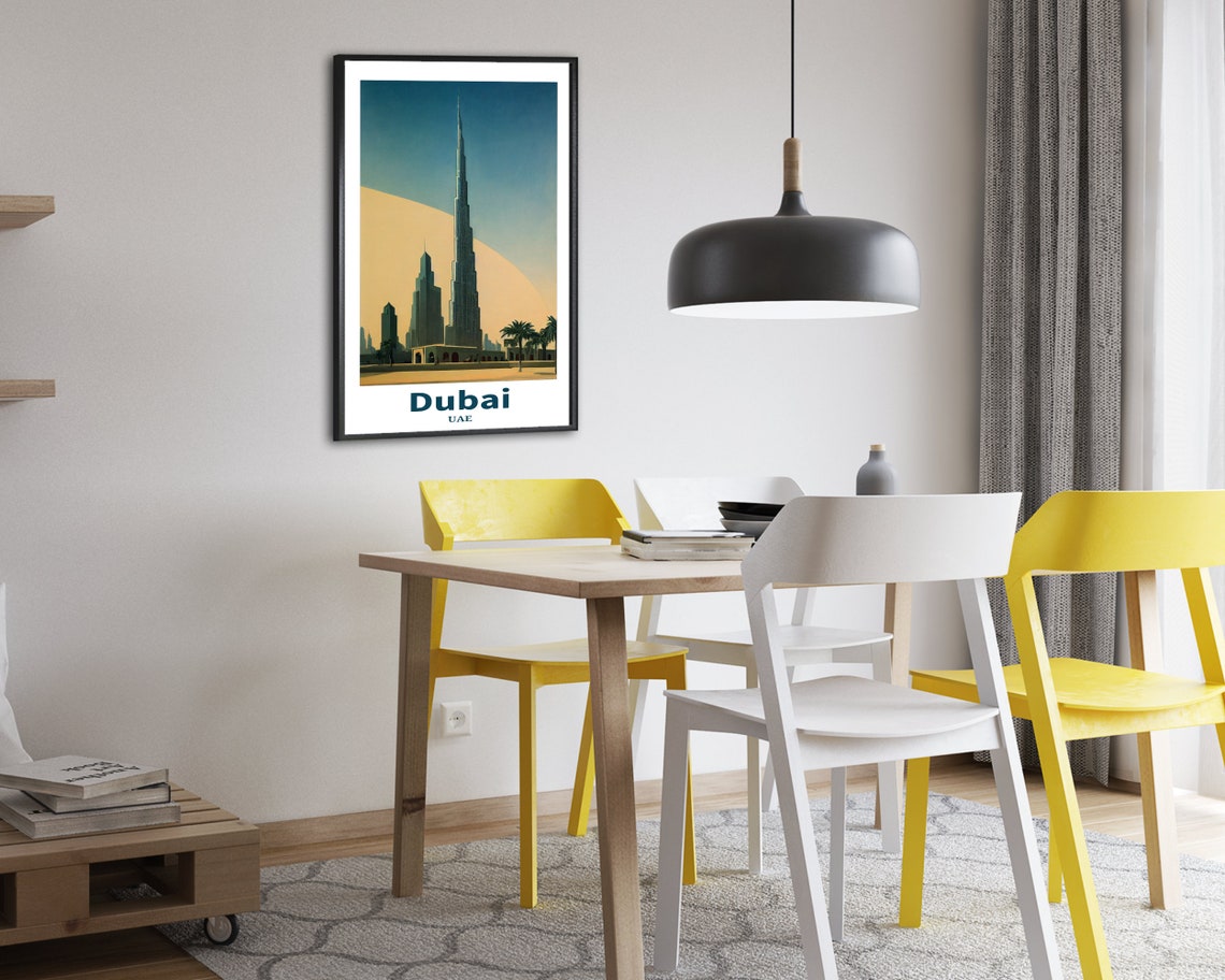 Dubai UAE Burj Khalifa Against Desert Sun Palms Retro Travel Poster - Image 2