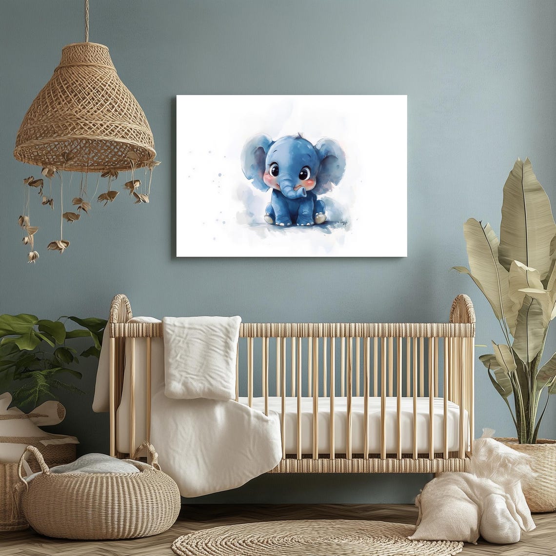 Baby Elephant Watercolor Cute Blue Calf Nursery Animal Art Poster