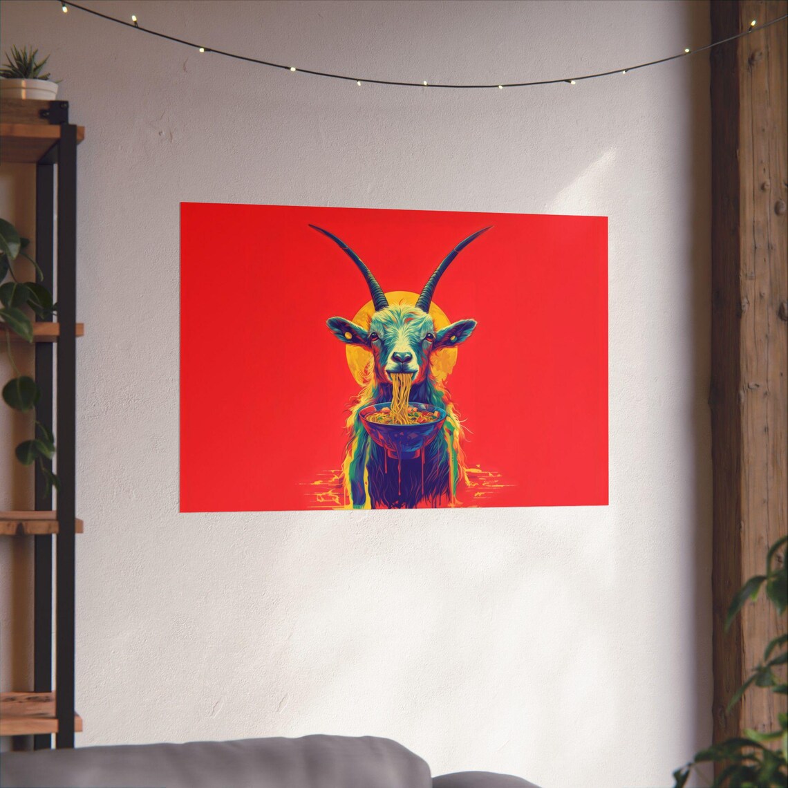 Funny Vibrant Goat Slurping Ramen Bowl on a Red Pop Art Poster - Image 3