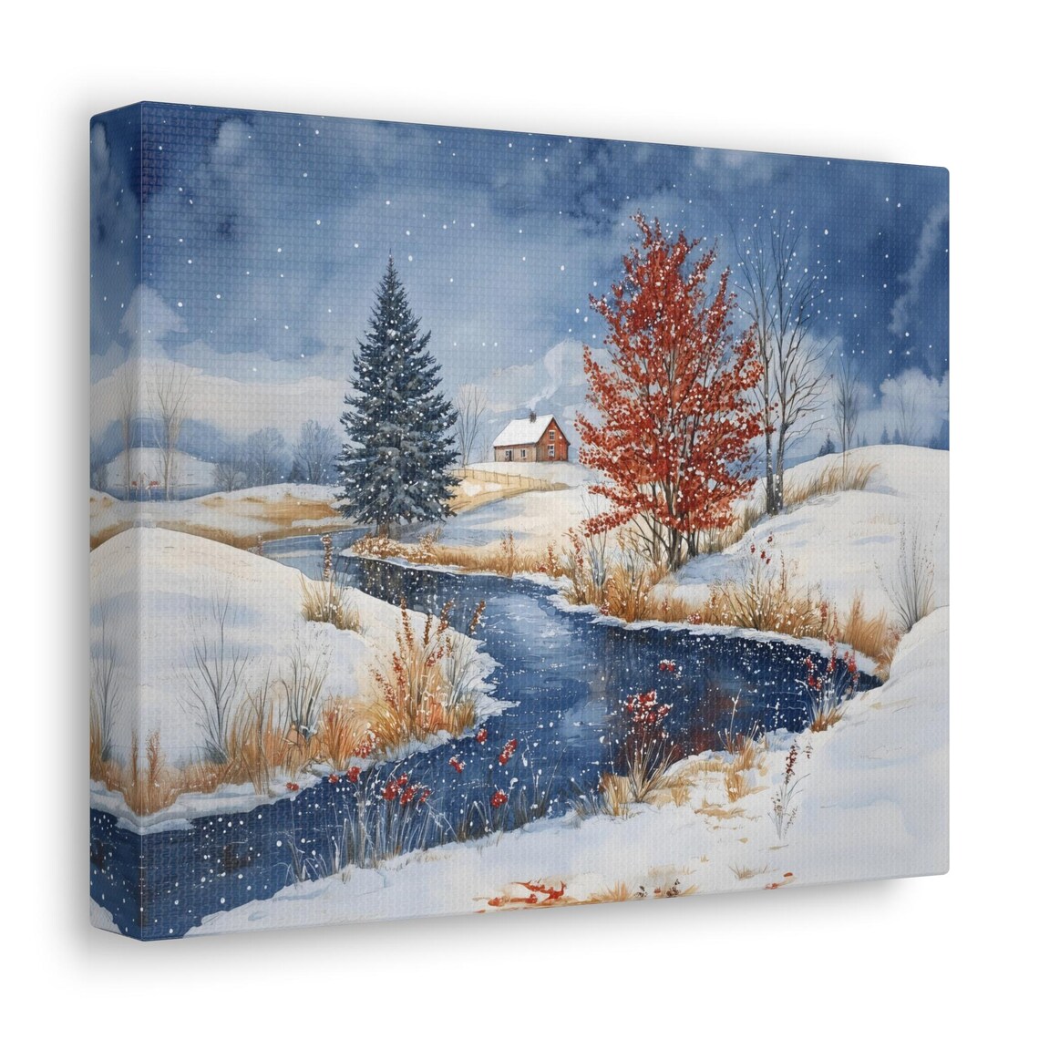 Cabin Beside Winter Stream With Red Autumn Tree In Falling Snow Wall Art - Image 2