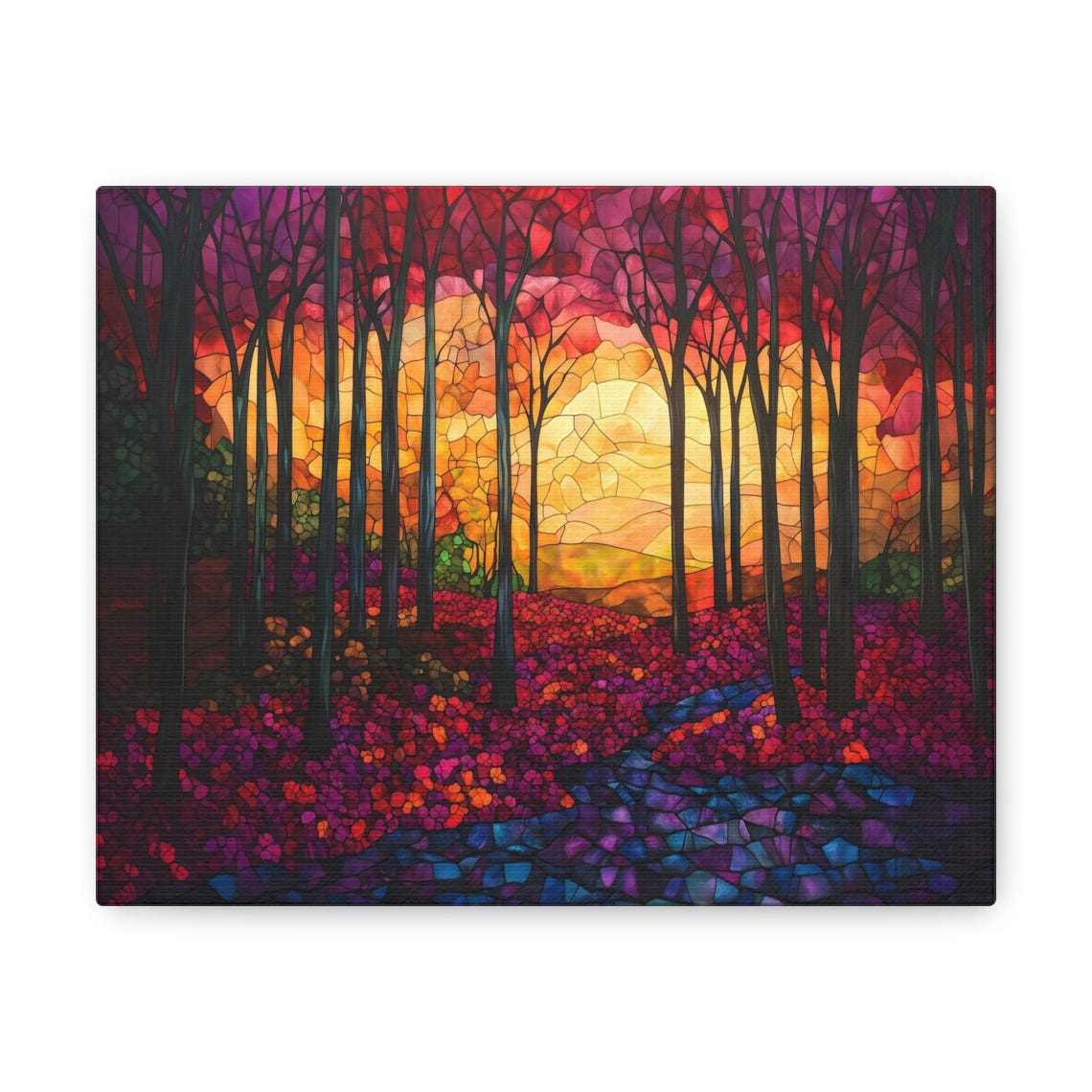 Vivid Stained Glass Red Forest Sunset Landscape Colorful Wall Art - Image 3