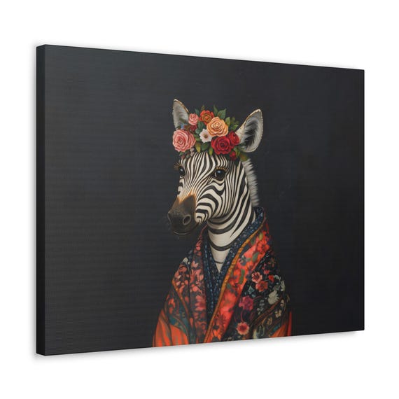 Maximalist Eclectic Fashionista Zebra Print Bold Altered Animal Portrait Fantasy Fun Colorful Flowery Rustic Vintage Floral Art