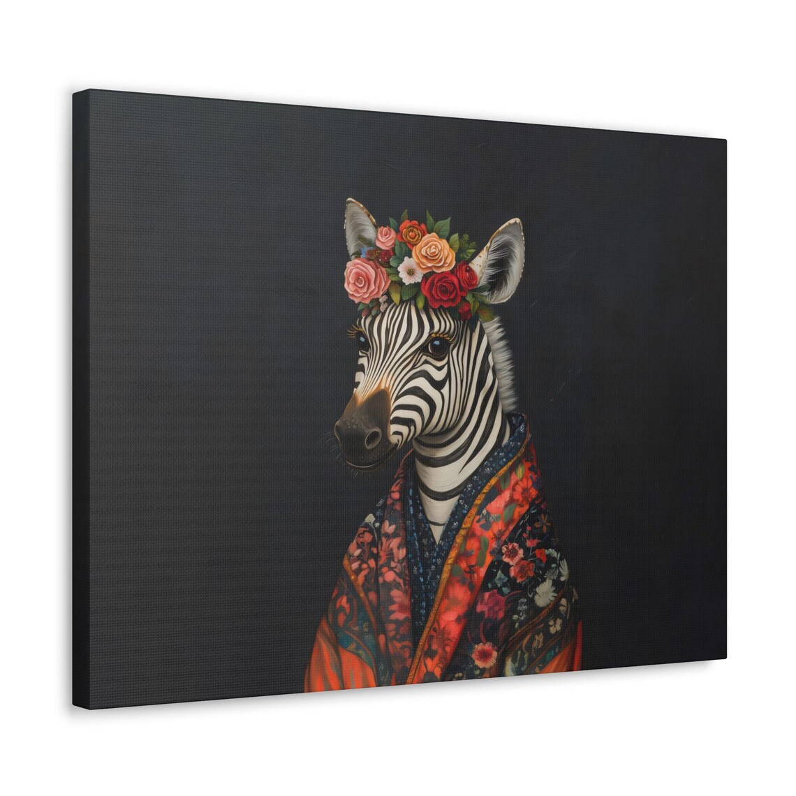 Zebra in Rose Crown and Red Floral Robe Chic Maximalist Animal Art Poster