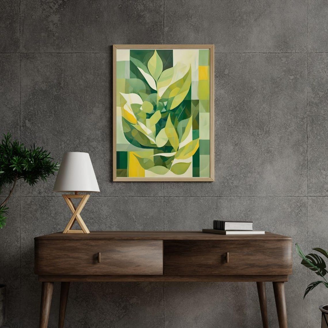 Green Geometric Botanical Leaves Overlapping Modern Art Print - Image 2