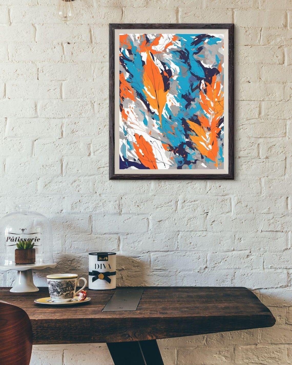 Abstract Orange Blue Leaves Modern Botanical Colorful Wall Art Print - Image 3