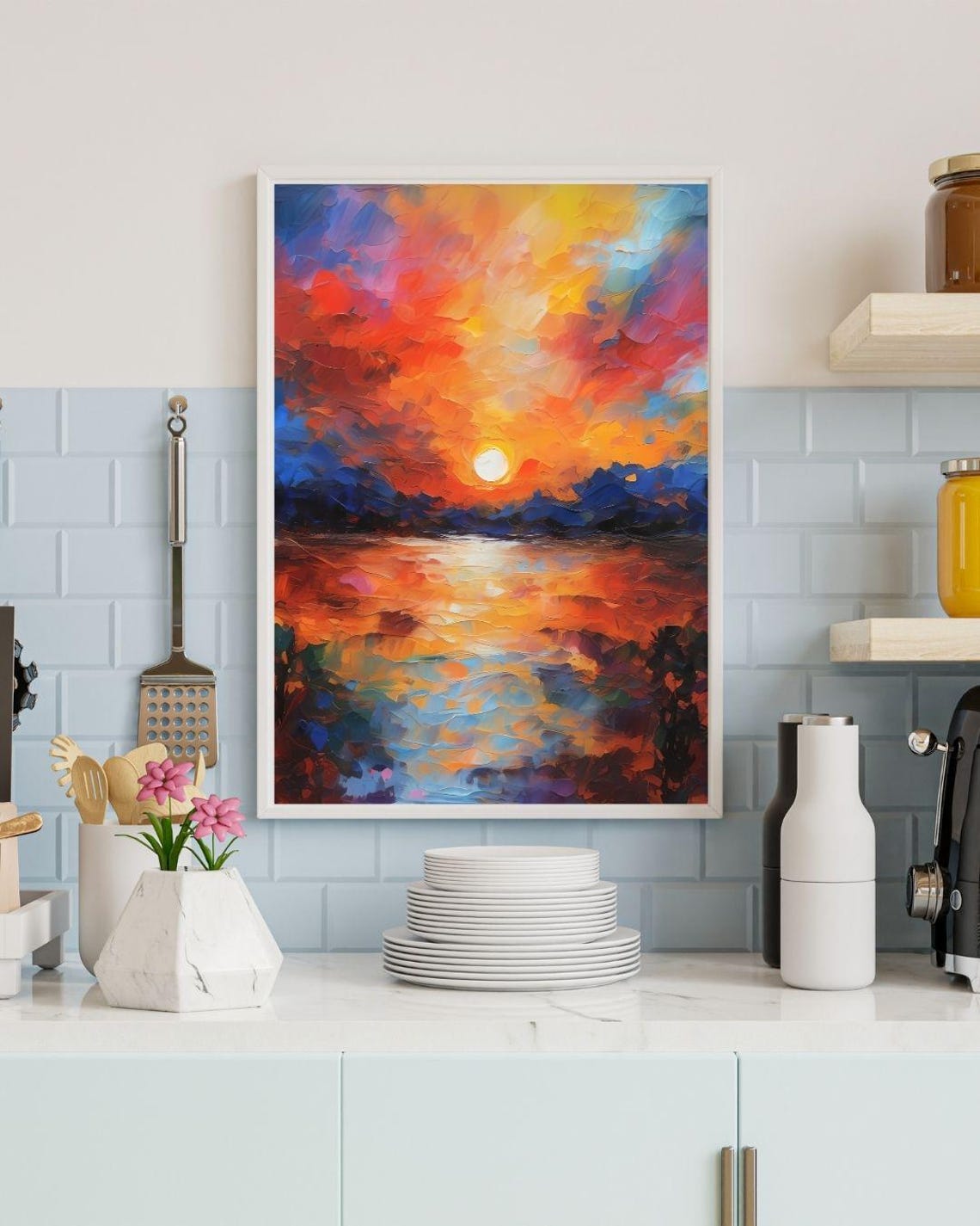 Bold Impasto Sunset Ocean Reflection Fiery Abstract Seascape Wall Art - Image 5