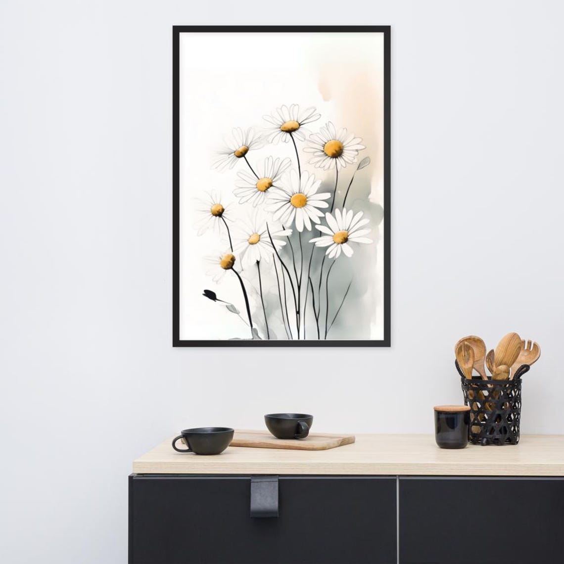 White Daisy Line Drawing Minimalist Botanical Floral Wall Art