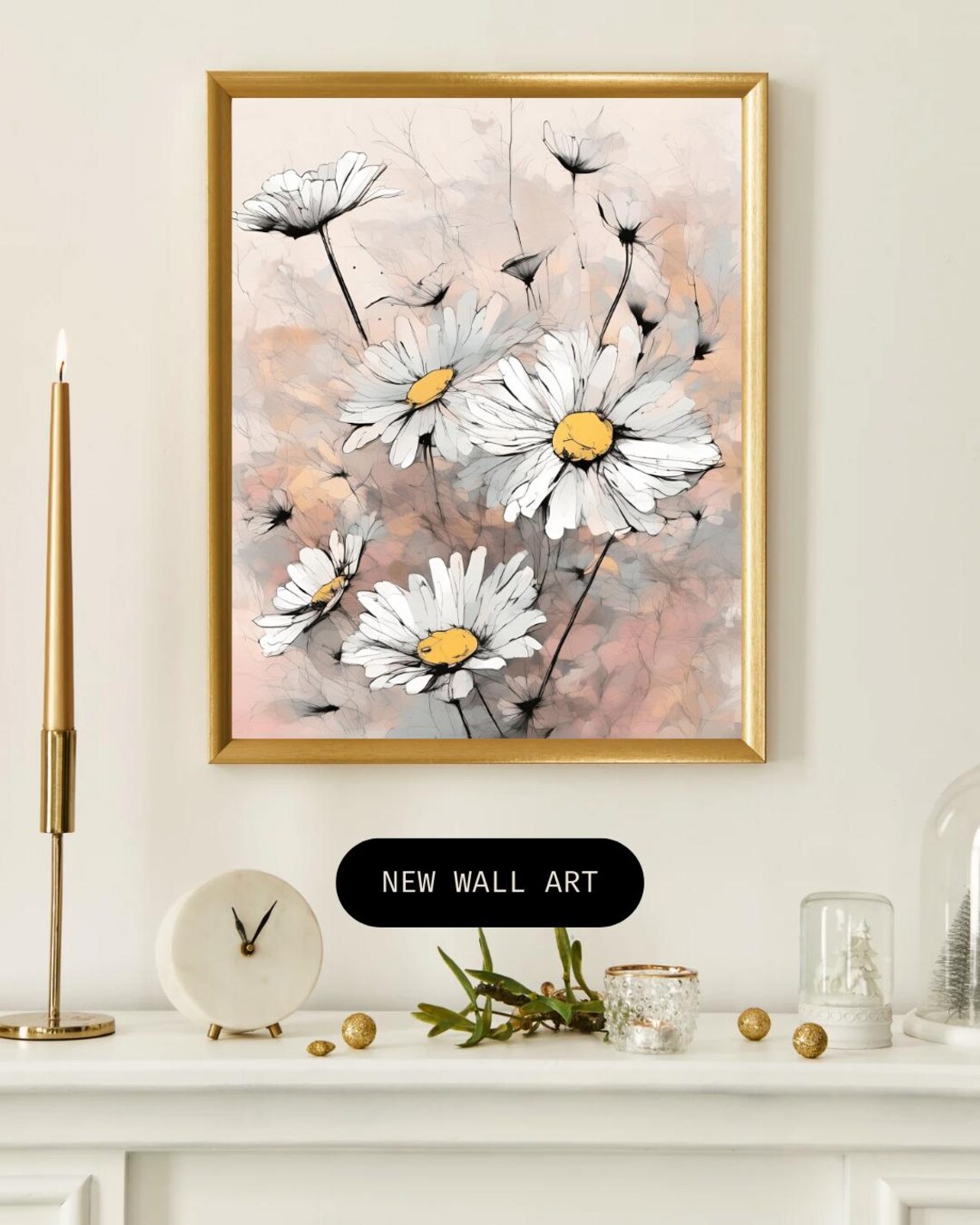 White Daisies Line Art Pink Watercolor Floral Spring Wall Art Print - Image 2