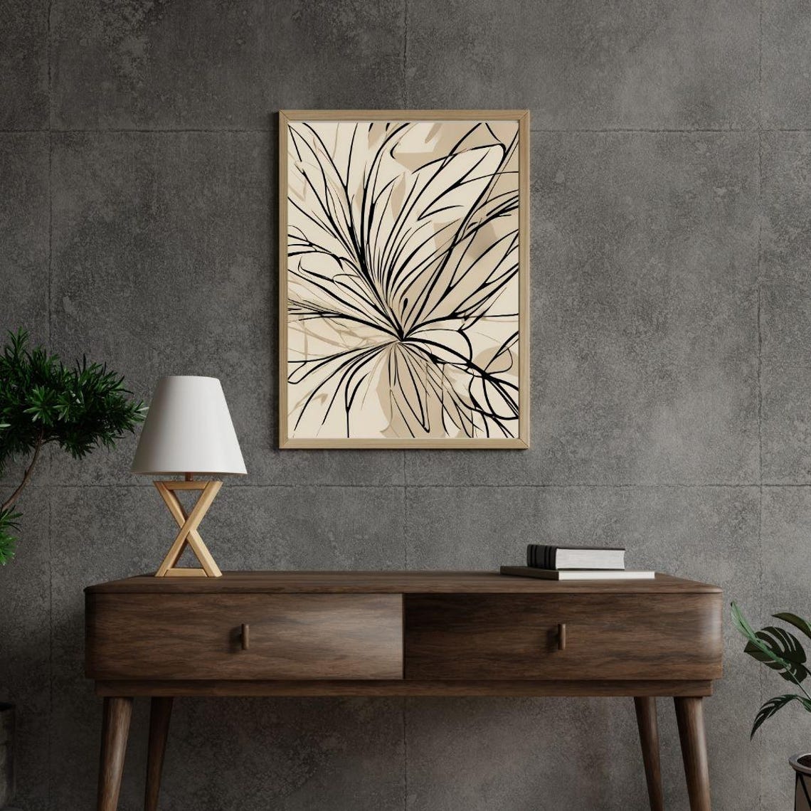 Black Line Palm Frond Abstract Beige Minimalist Modern Art Print - Image 2