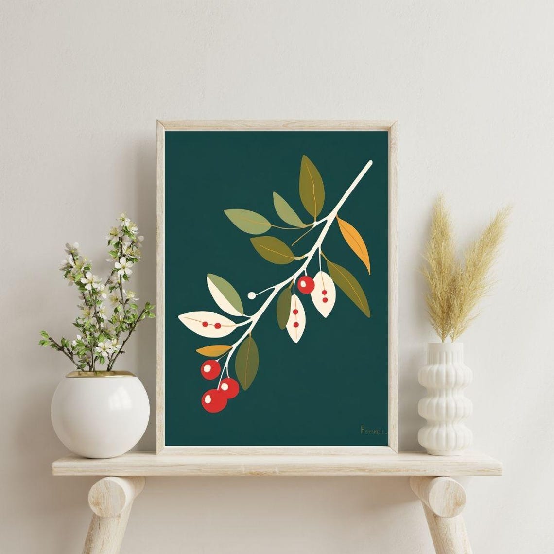 Mistletoe Branch Illustration Red Berries Dark Teal Holiday Wall Art