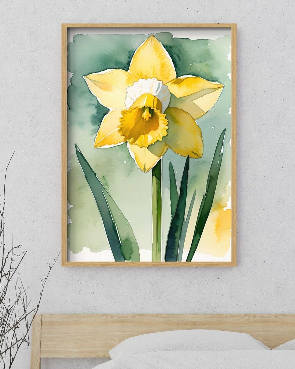 Yellow Daffodil Watercolor Spring Bloom Green Botanical Wall Art Print - Image 2