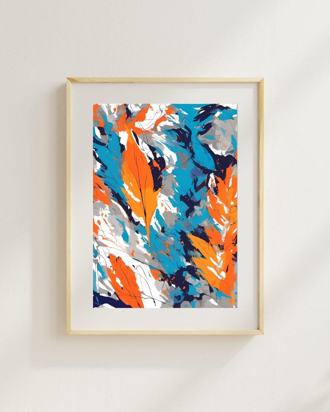 Abstract Orange Blue Leaves Modern Botanical Colorful Wall Art Print