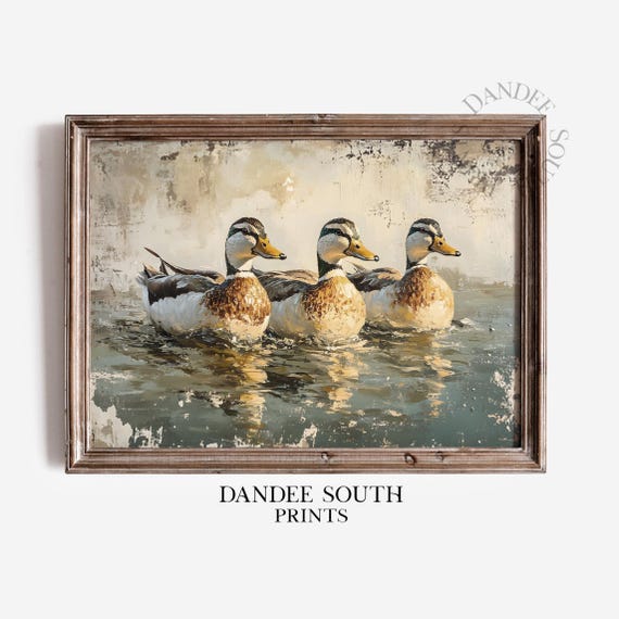 Vintage Ducks Wall Art Rustic Oil Painting Lake Landscape Nature And Wildlife Print 283