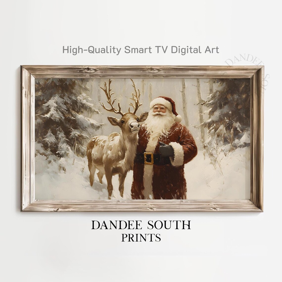 Vintage Santa Reindeer Snowy Forest Christmas Painting Poster