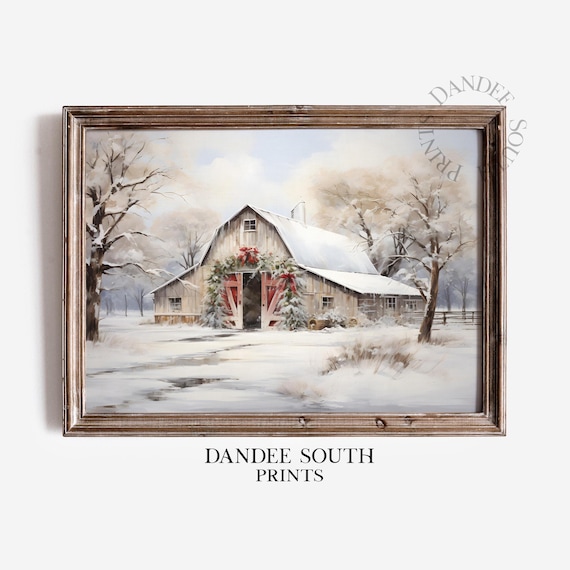 Snowy Rustic Barn Christmas Winter Scene Vintage Style Poster