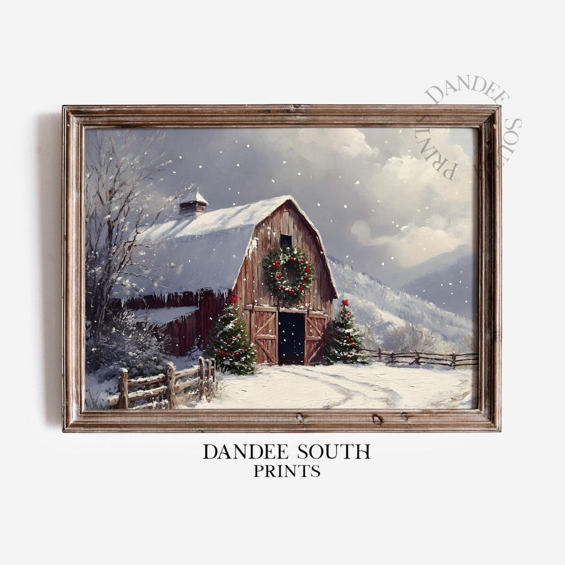 Snowy Red Barn Christmas Wreath Winter Farmhouse Holiday Poster