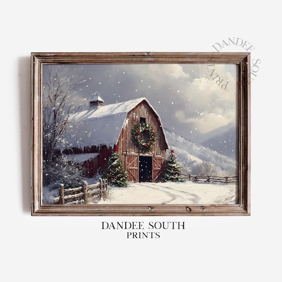 Snowy Red Barn Christmas Wreath Winter Farmhouse Holiday Poster