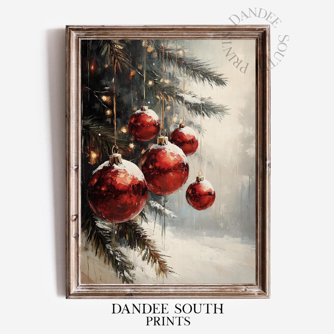 Glossy Red Christmas Ornaments Snowy Pine Lights Painting Poster