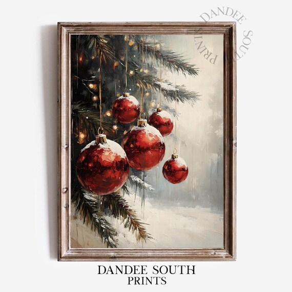Glossy Red Christmas Ornaments Snowy Pine Lights Painting Poster