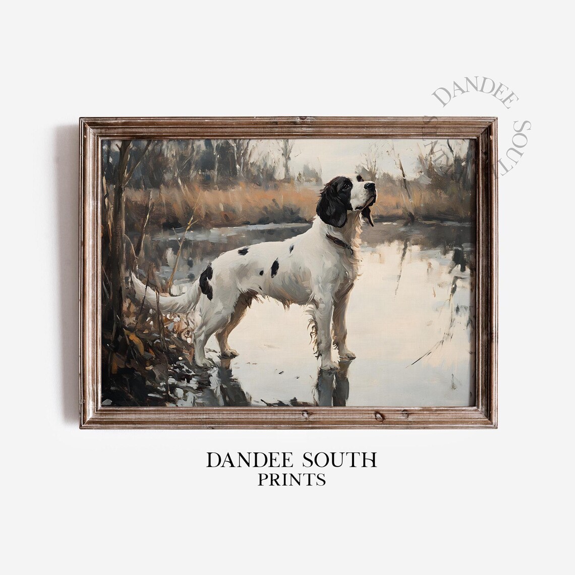English Springer Spaniel Standing in Pond Hunting Dog Art Print