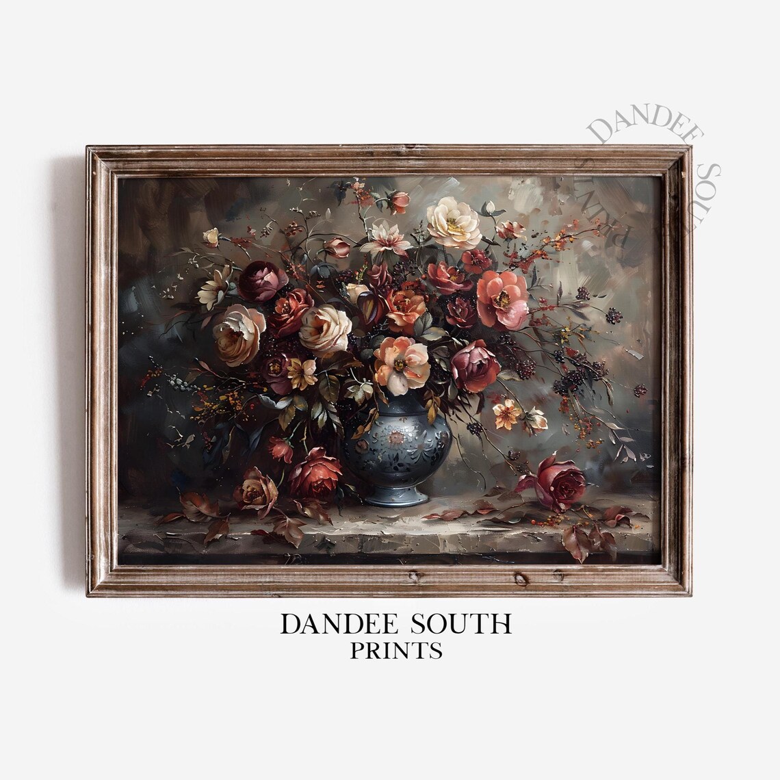 Moody Dark Floral Bouquet Roses Vintage Oil Still Life Art Poster
