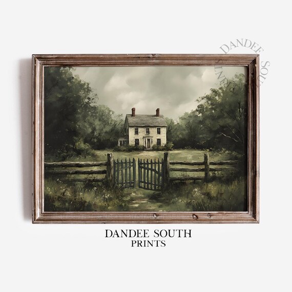 White Farmhouse with Split Rail Fence Vintage Landscape Poster