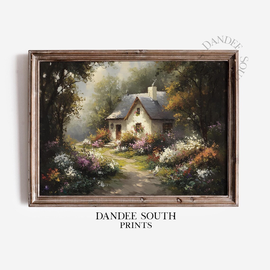 English Cottage in Blooming Woodland Garden Vintage Oil Painting Poster
