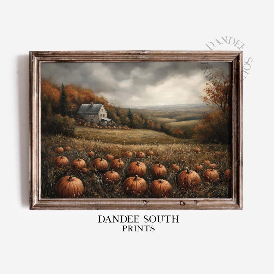 Fall Farmhouse Landscape Painting Autumn Wall Art Pumpkins Vintage Decor 559