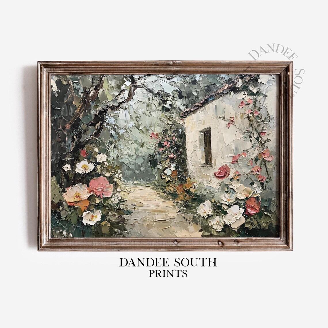 Cottage Garden Rose Path Impasto Oil Painting Vintage Floral Poster