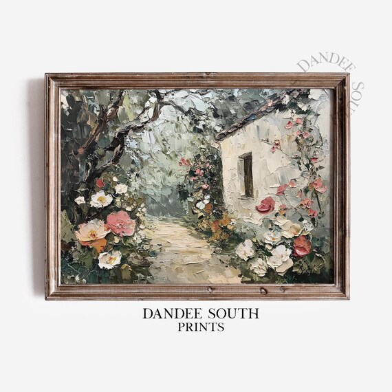 Cottage Garden Rose Path Impasto Oil Painting Vintage Floral Poster