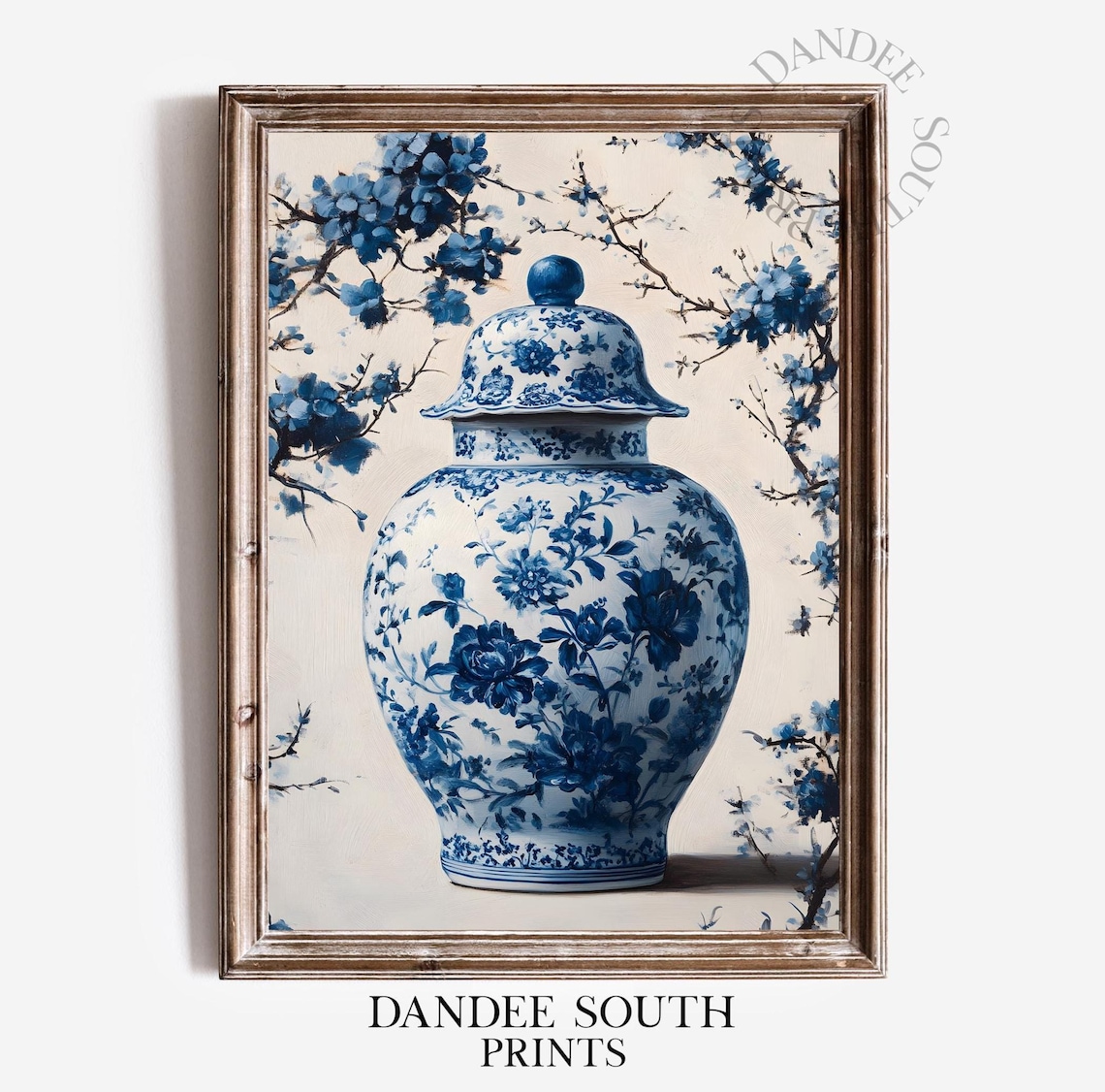 Blue Chinoiserie Ginger Jar Art Print, Vintage Floral