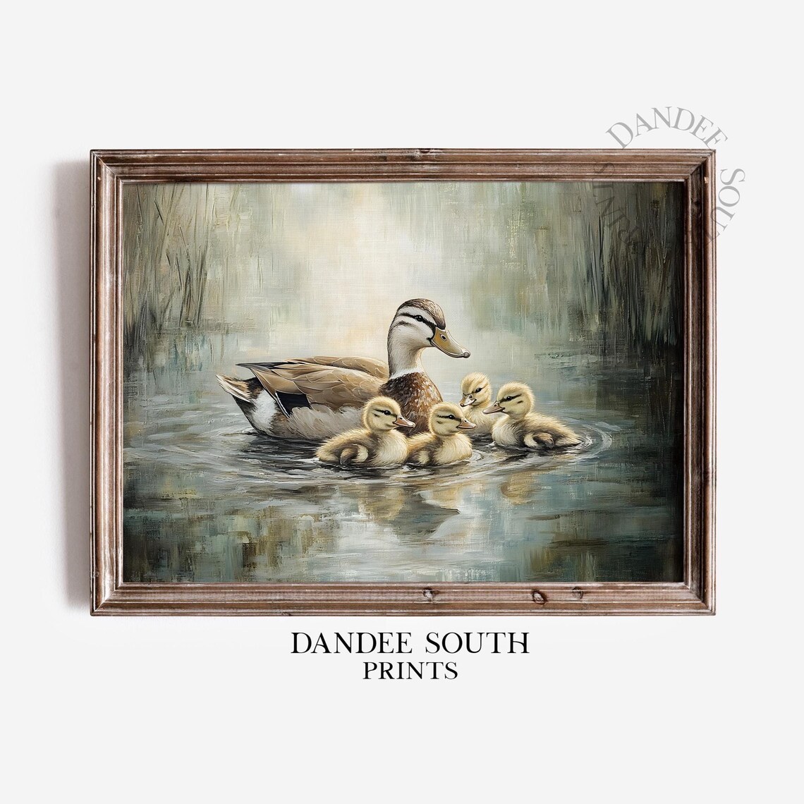 Mother Duck and Ducklings Swimming Vintage Oil Painting Wall Art