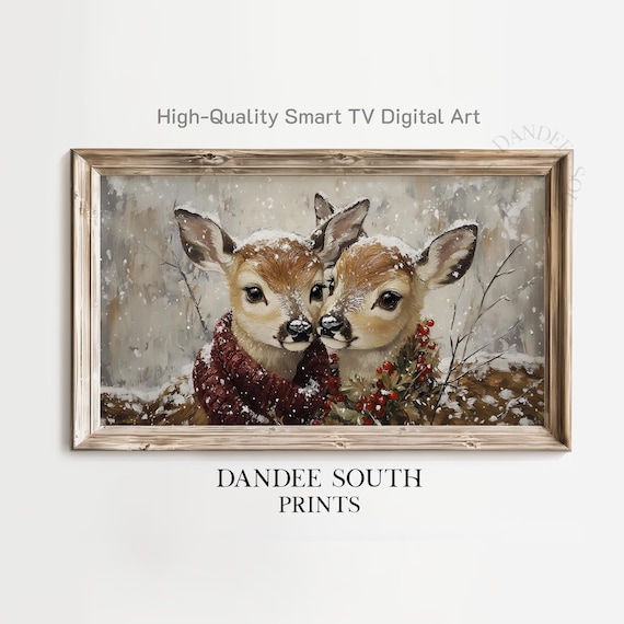Christmas Baby Deer Fawns In Snow Red Scarf Winter Holiday Wall Art