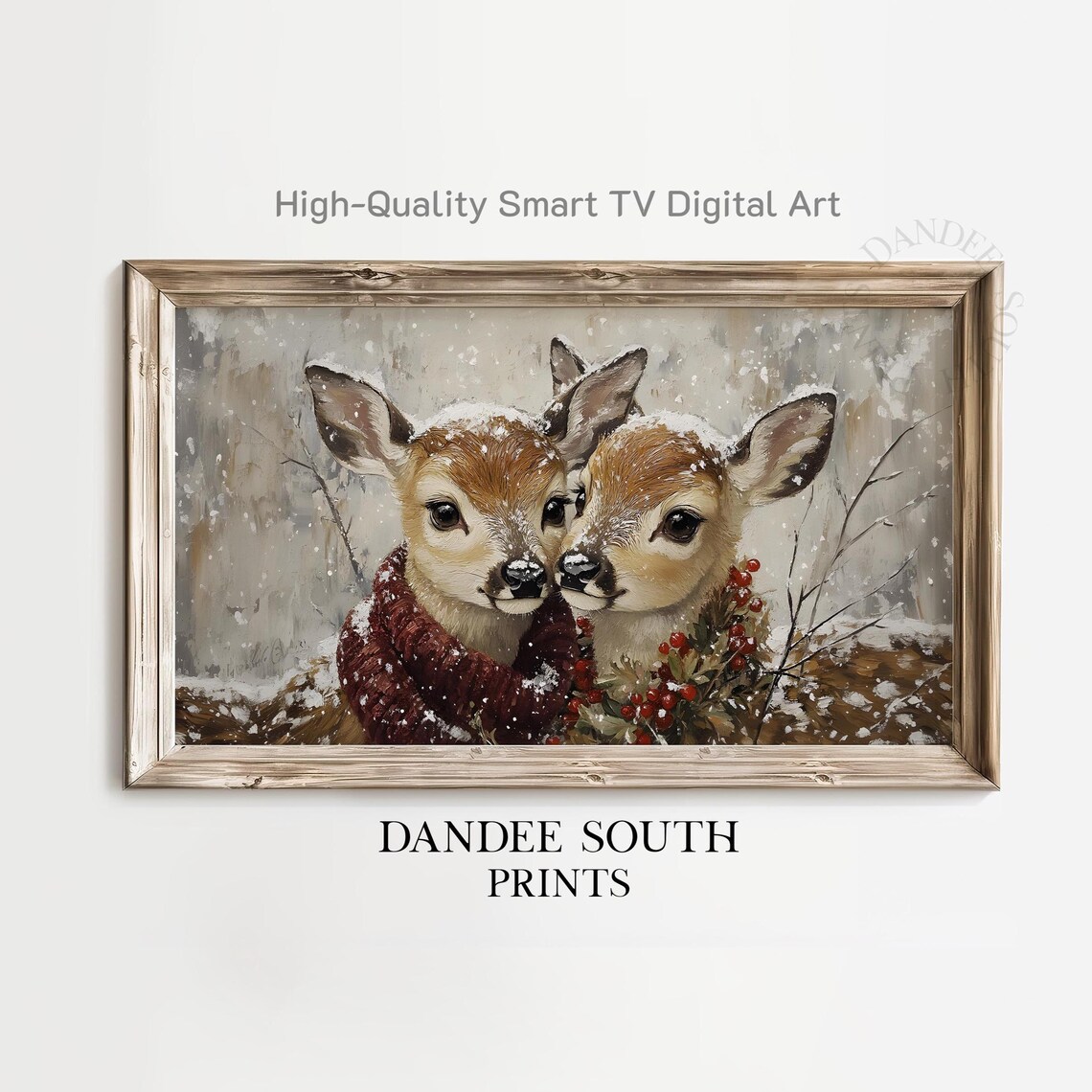 Christmas Baby Deer Fawns In Snow Red Scarf Winter Holiday Wall Art