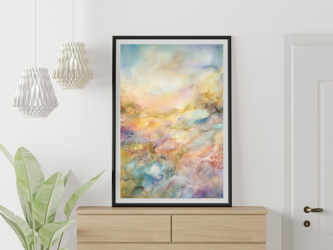 Pastel Abstract Watercolor Blue Gold Pink Dreamy Cloud Art Print - Image 3