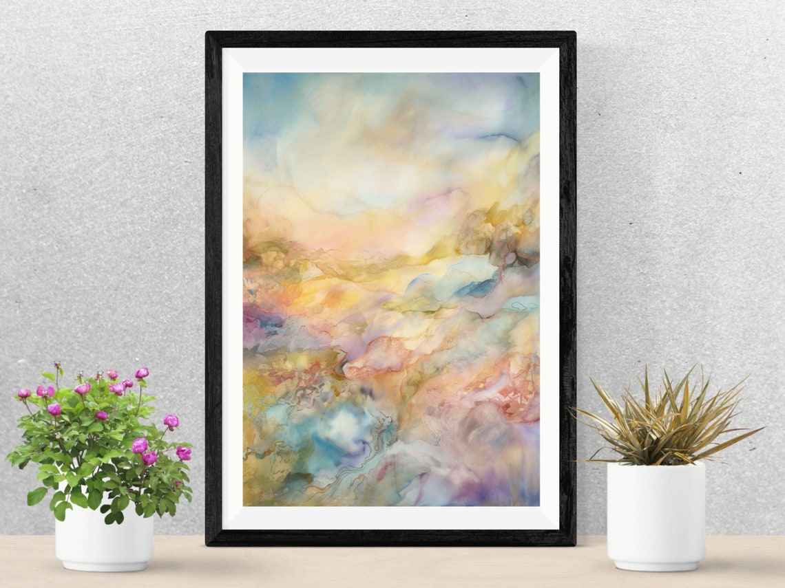 Pastel Abstract Watercolor Blue Gold Pink Dreamy Cloud Art Print - Image 2