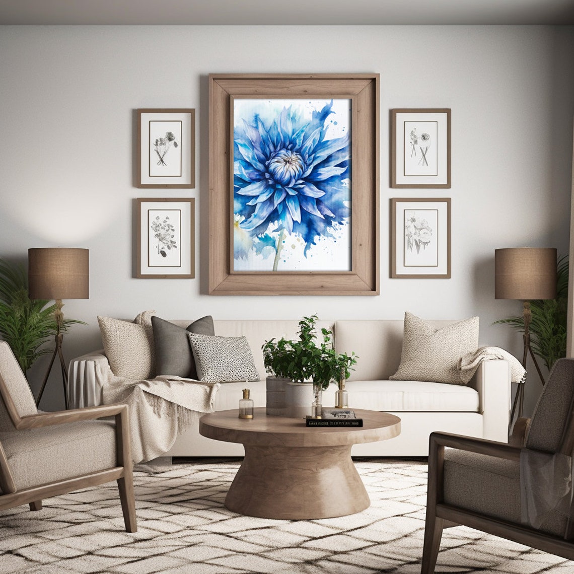Blue Dahlia Flower Watercolor Abstract Botanical Painting Print - Image 4