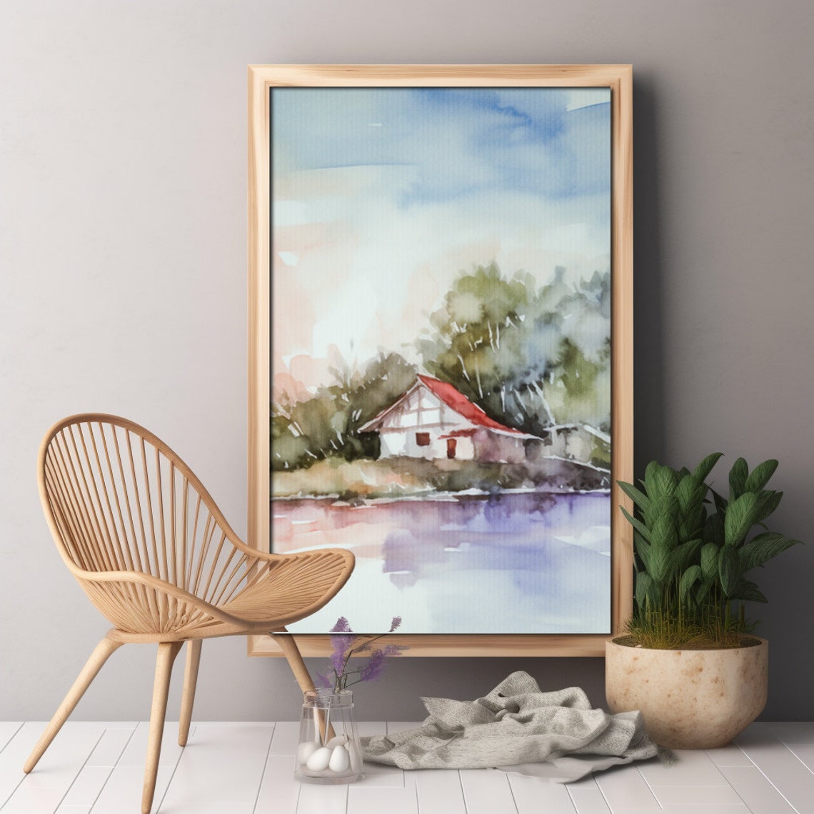 Calm Hut On Lake, Watercolor Boho Style - Image 3
