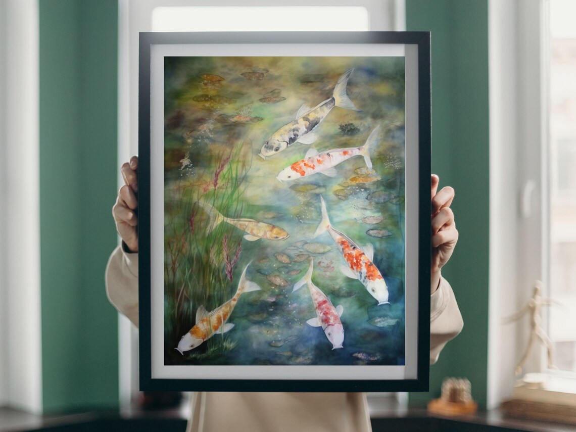 Five Koi Fish Pond Watercolor Teal Japanese Zen Painting Poster - Image 2