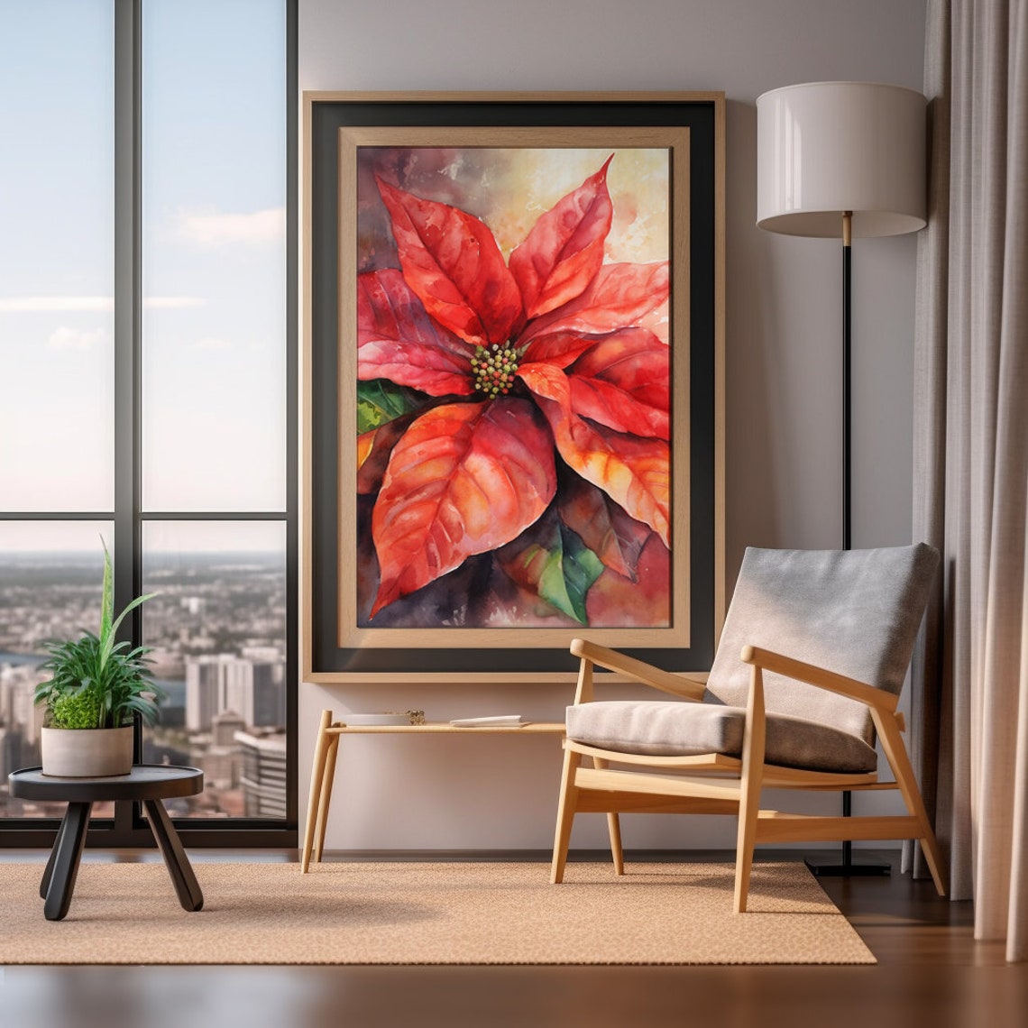 Poinsettia Flower Watercolor Painting Realistic Christmas Flower Watercolor For Hallway Bathroom Living Room Office - Image 3