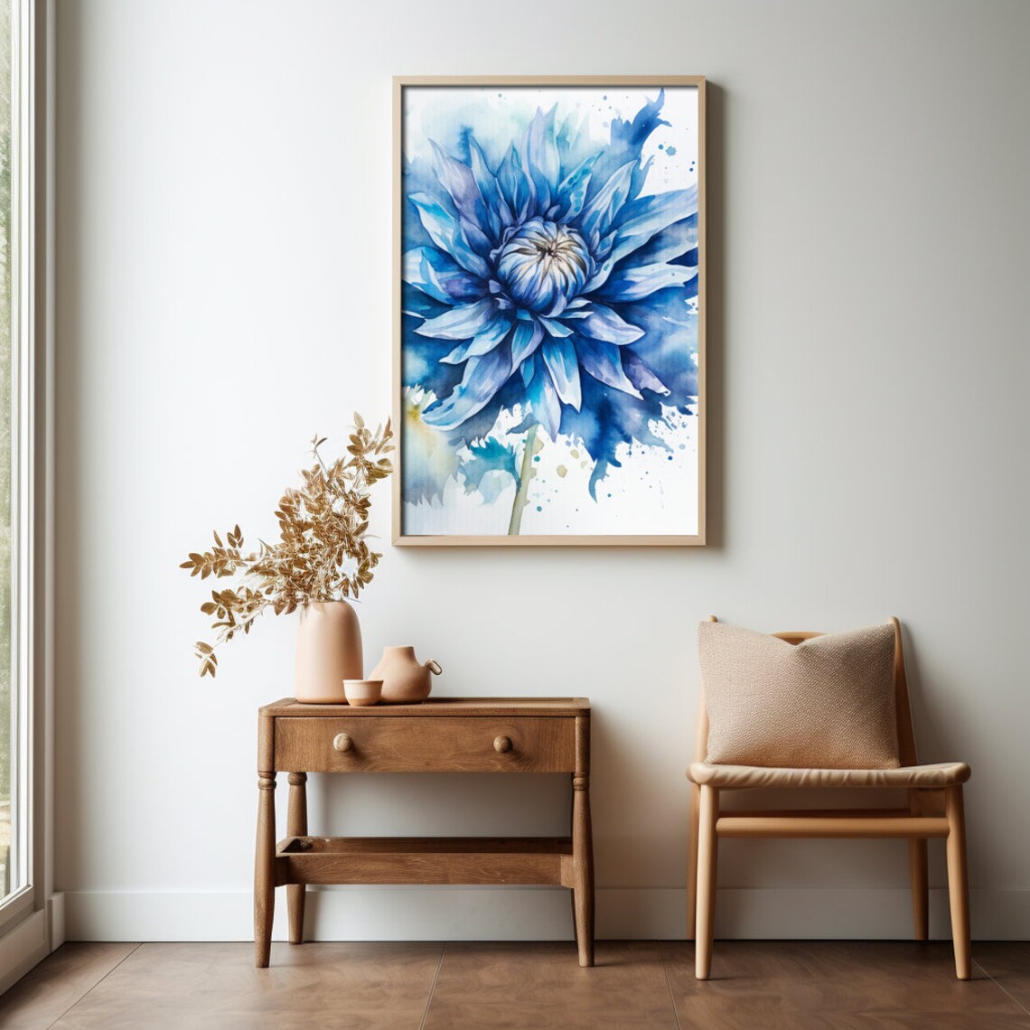 Blue Dahlia Flower Watercolor Abstract Botanical Painting Print - Image 2