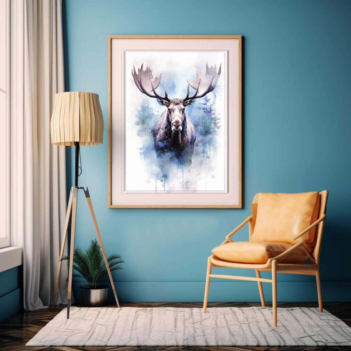 Moose Watercolor Painting Winter Forest Antlers Wildlife Poster - Image 4