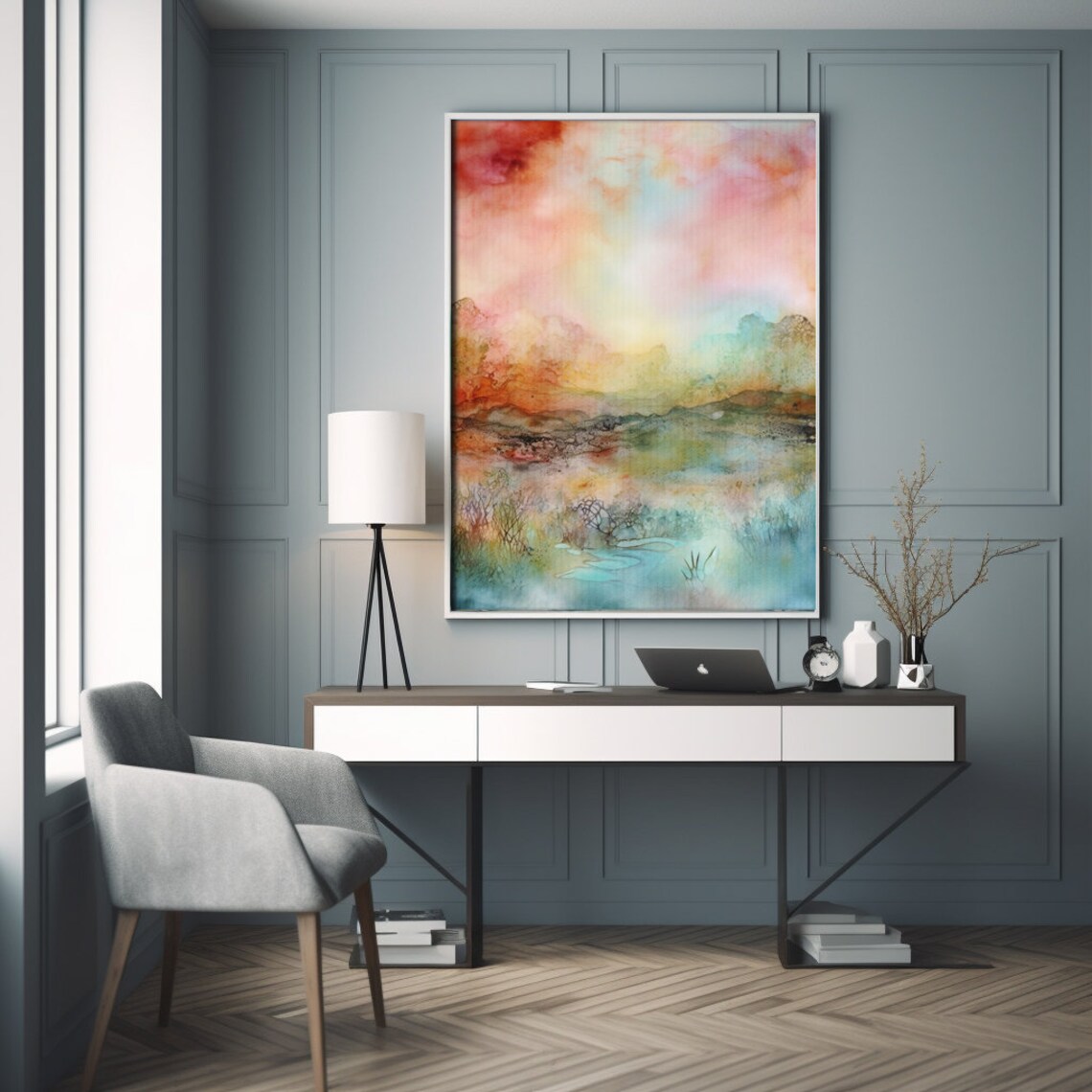Warm Abstract Watercolor Landscape Sunset Dreamy Painting Poster - Image 2
