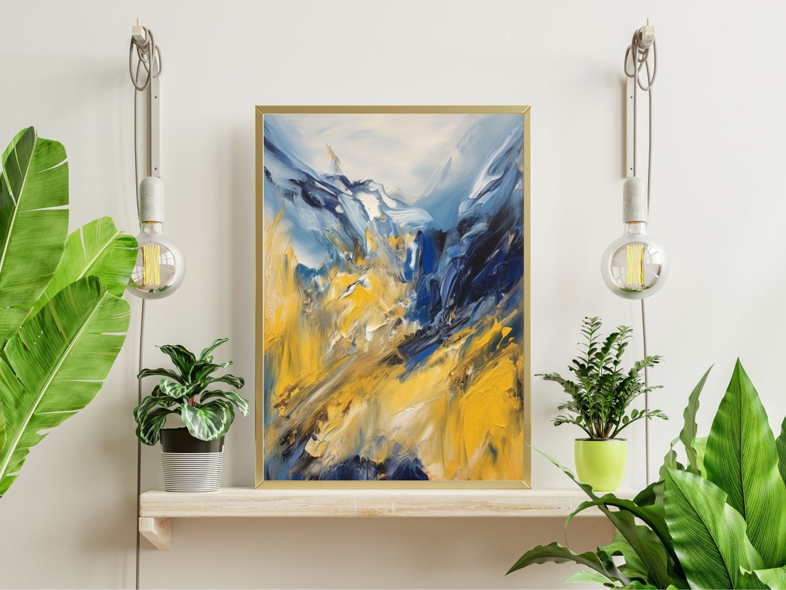 Bold Blue and Yellow Abstract Brushstroke Modern Painting Poster - Image 3