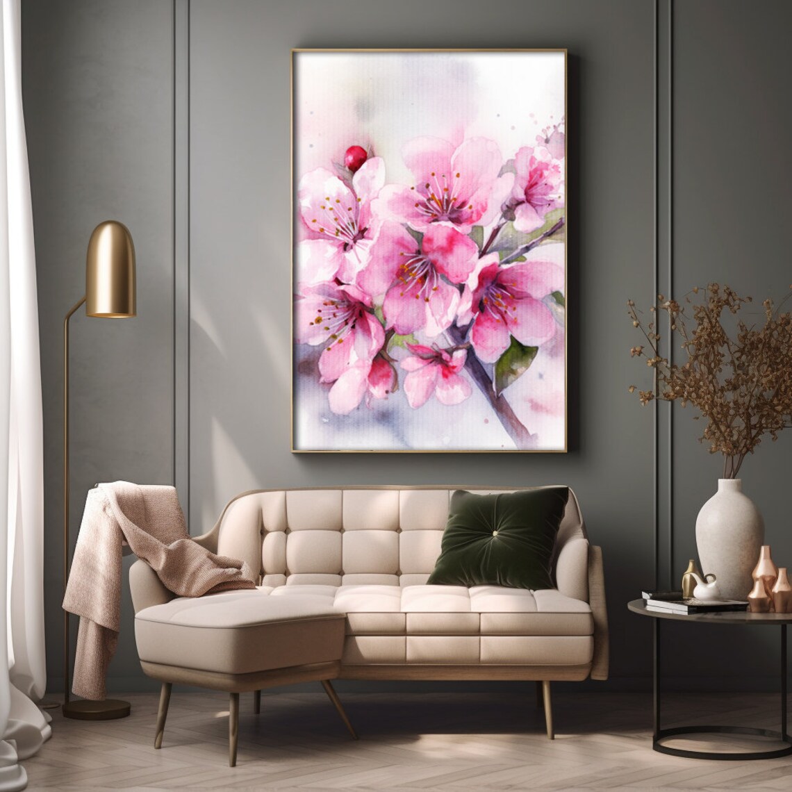 Pink Cherry Blossom Watercolor Sakura Branch Floral Painting Poster - Image 2