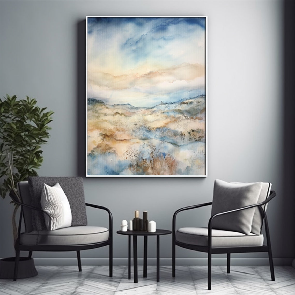 Blue White Gold Abstract Watercolor Coastal Landscape Poster - Image 2